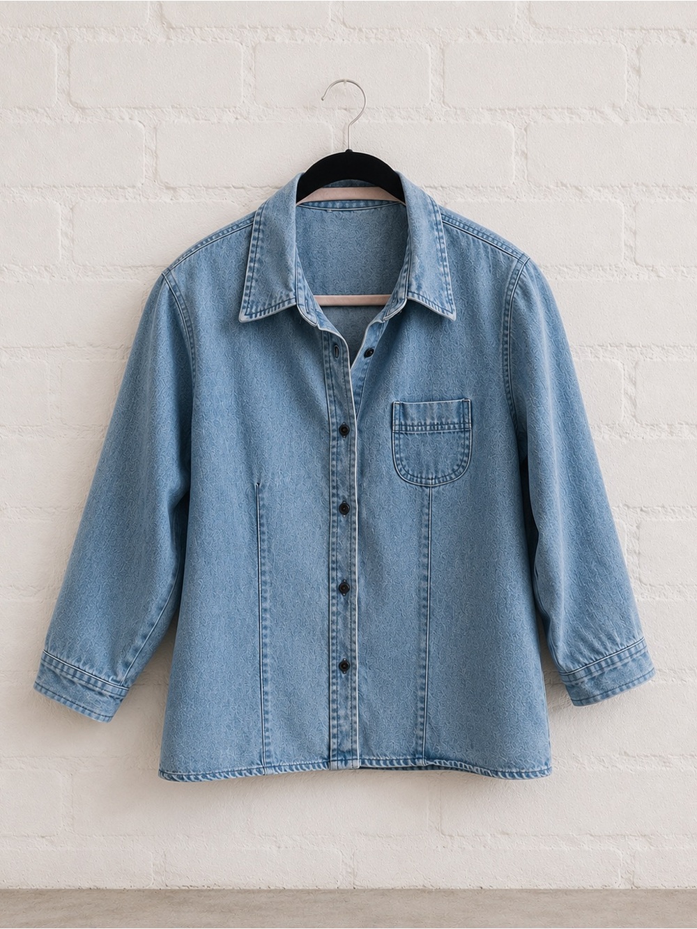 Vintage Light Wash Denim Button-Up Fitted Shirt- Three Quarter Sleeves